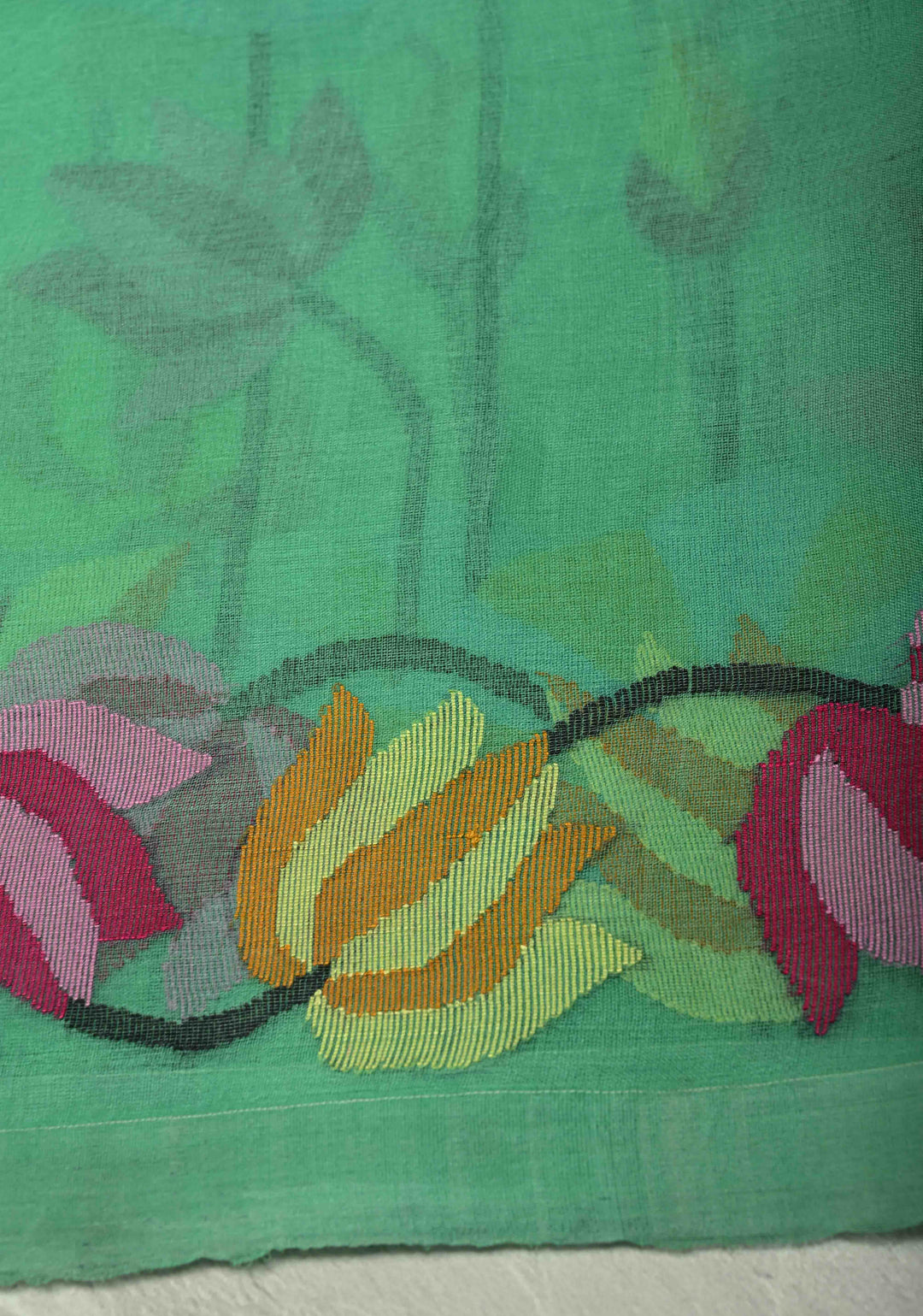 Mint Green Muslin Silk Saree with Floral theme and Full Body Jamdani Weaving | SILK MARK CERTIFIED