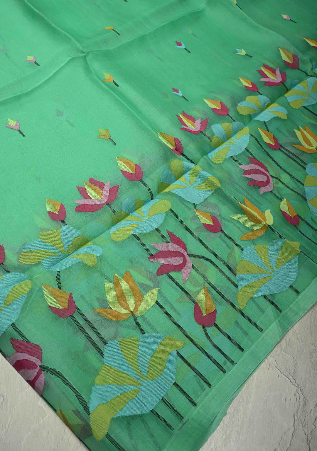 Mint Green Muslin Silk Saree with Floral theme and Full Body Jamdani Weaving | SILK MARK CERTIFIED