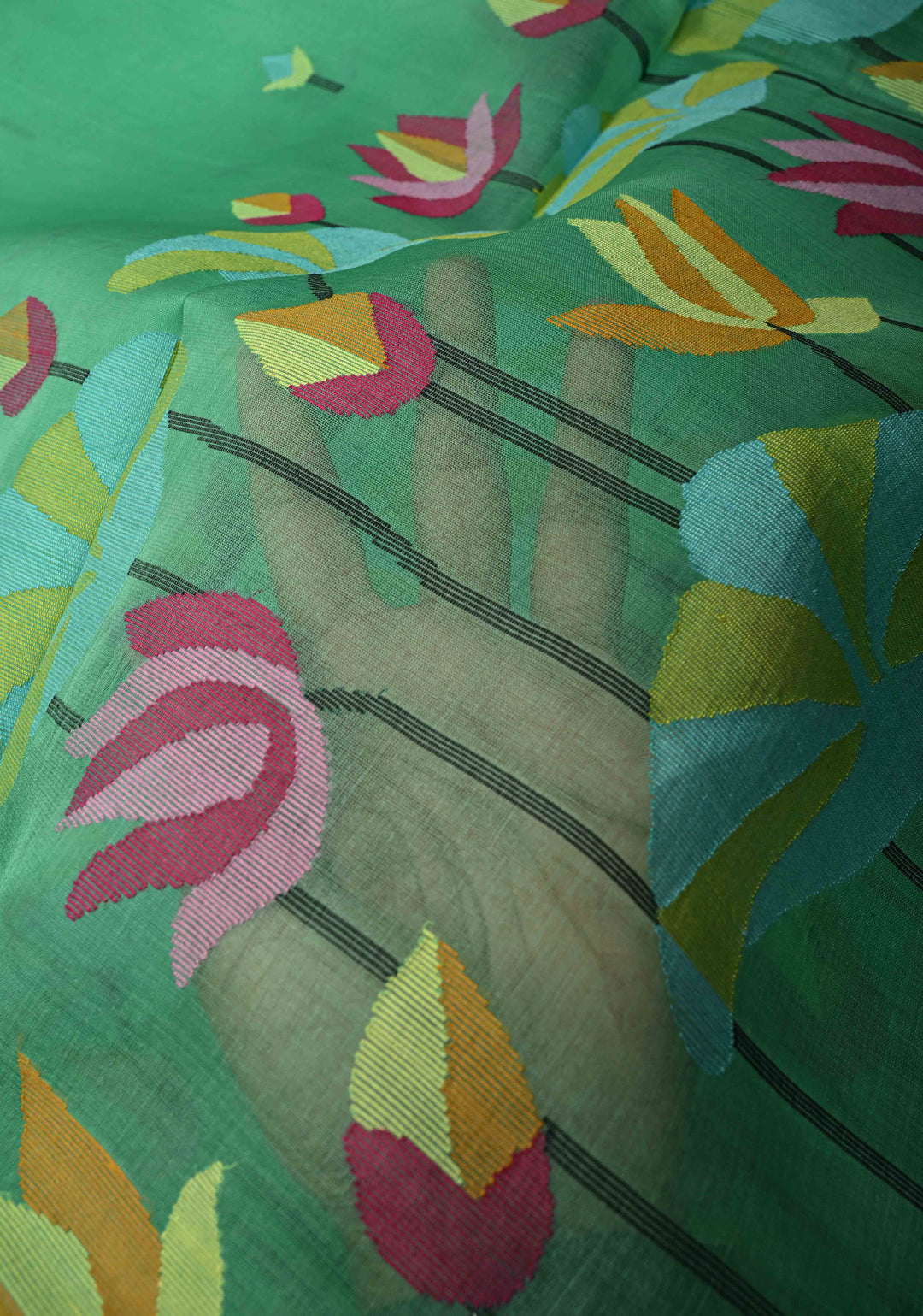 Mint Green Muslin Silk Saree with Floral theme and Full Body Jamdani Weaving | SILK MARK CERTIFIED