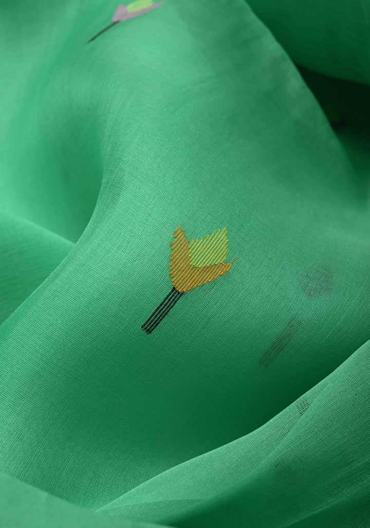 Mint Green Muslin Silk Saree with Floral theme and Full Body Jamdani Weaving | SILK MARK CERTIFIED