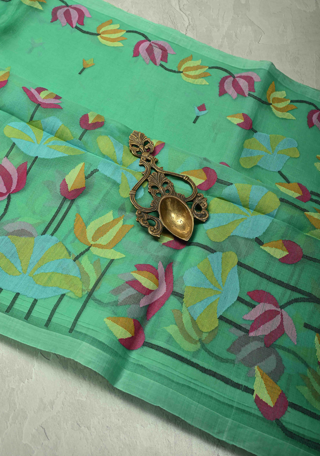 Mint Green Muslin Silk Saree with Floral theme and Full Body Jamdani Weaving | SILK MARK CERTIFIED