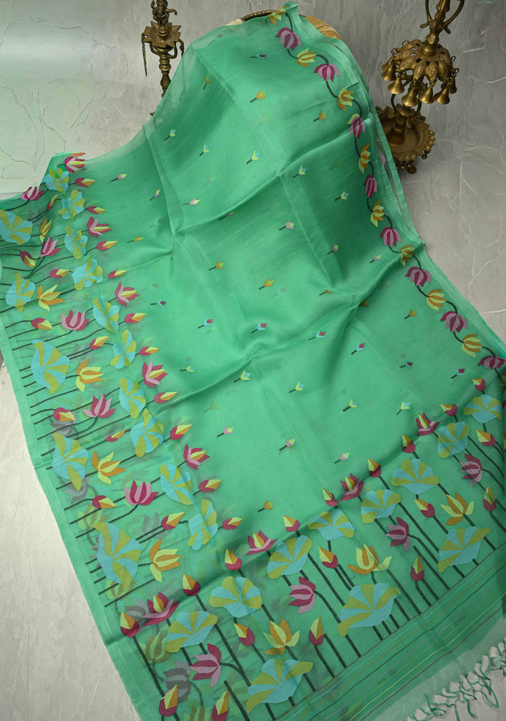 Mint Green Muslin Silk Saree with Floral theme and Full Body Jamdani Weaving | SILK MARK CERTIFIED