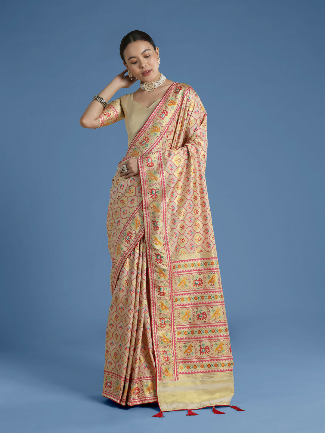 Cream Semi Banarasi Satin Silk Saree With Patola Work | SHOBITAM