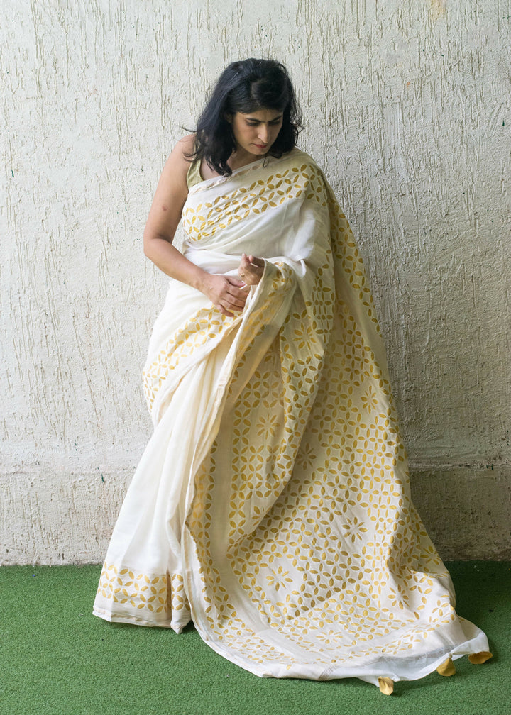 Moonlight Applique work Chanderi Silk Cotton Saree | Shobitam