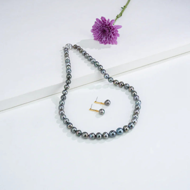 9.0-10.00mm Black Near Round Ringed Tahitian Pearls Necklace Set -AA Quality | SHOBITAM