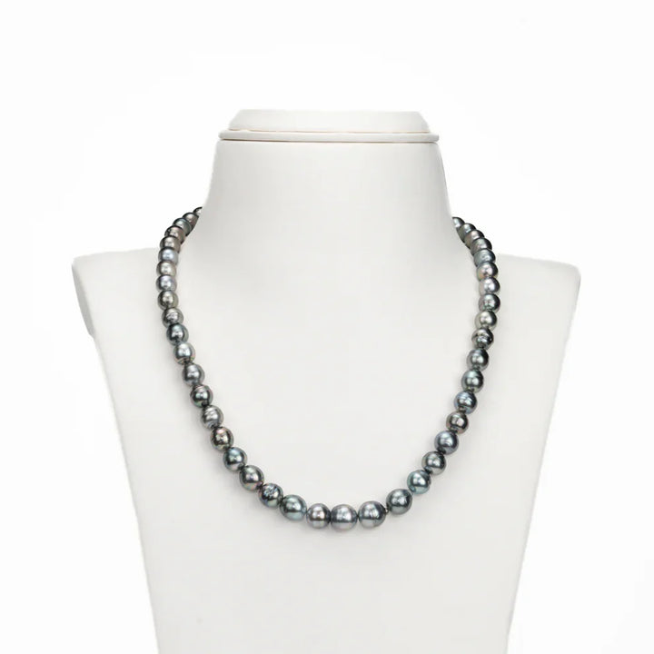 9.0-10.00mm Black Near Round Ringed Tahitian Pearls Necklace Set -AA Quality | SHOBITAM