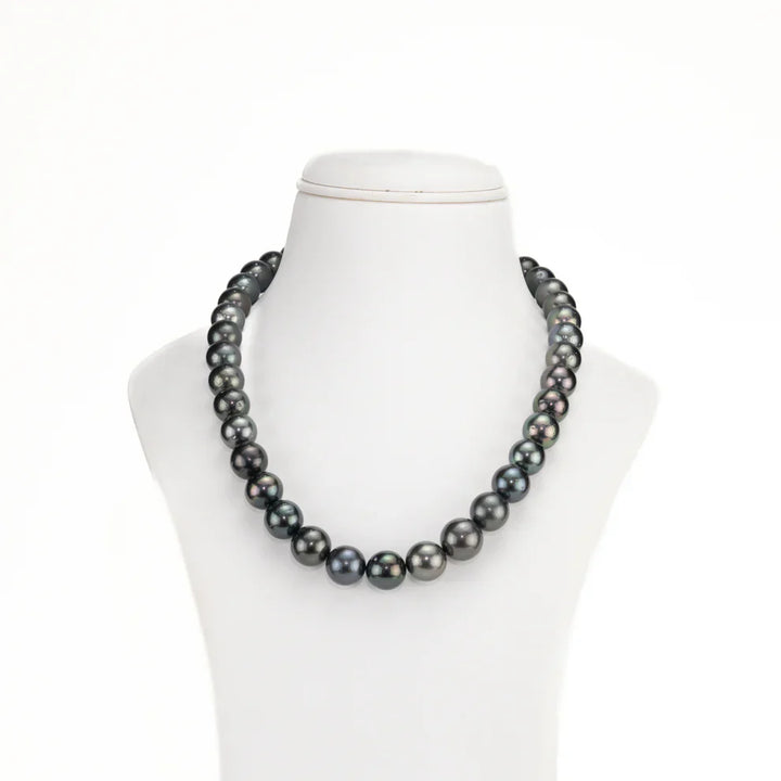 12.0-13.0mm Round Black Tahitian Saltwater Pearl Necklace Set - AA Quality