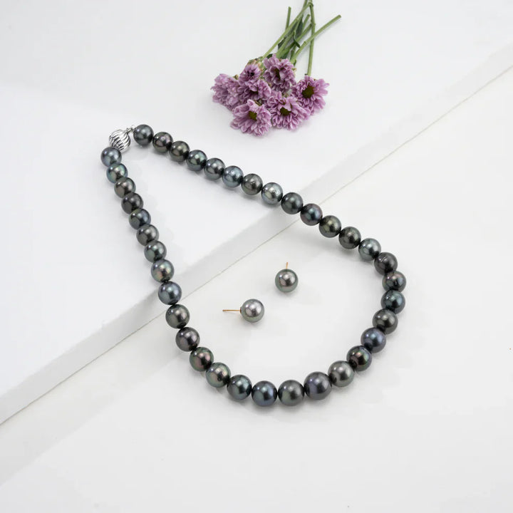 12.0-13.0mm Round Black Tahitian Saltwater Pearl Necklace Set - AA Quality