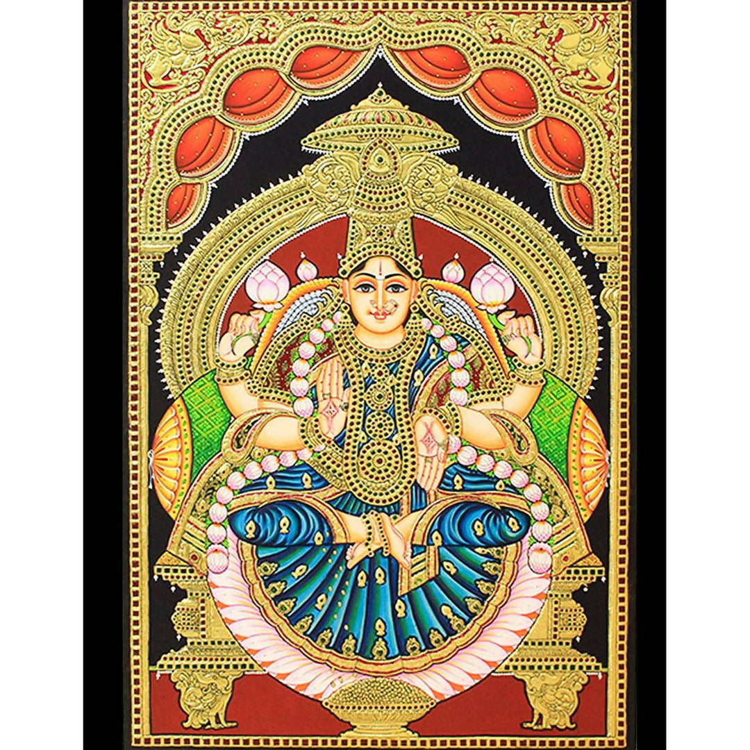 24*36 Authentic TANJORE PAINTING DHANA LAKSHMI With 22 Ct gold Foil and Jaipur Gemstones,Unframed | SHOBITAM