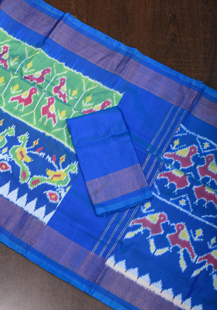 Ikkat Pochampally Pure Silk Saree in Sea Green and Blue | SILK MARK CERTIFIED