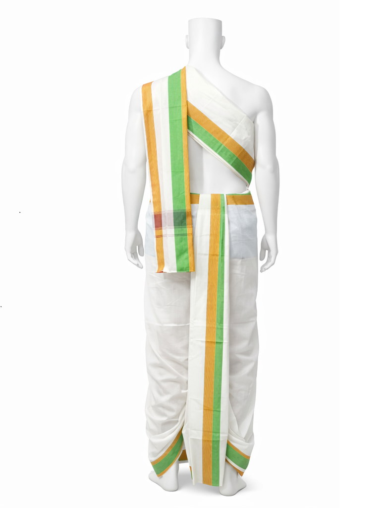 Cotton Blend Dhoti and Angavastram in White, unstitched With Ganga Jamuna Border | SHOBITAM