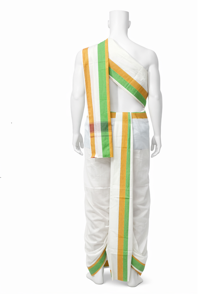 Cotton Blend Dhoti and Angavastram in White, unstitched With Ganga Jamuna Border | SHOBITAM