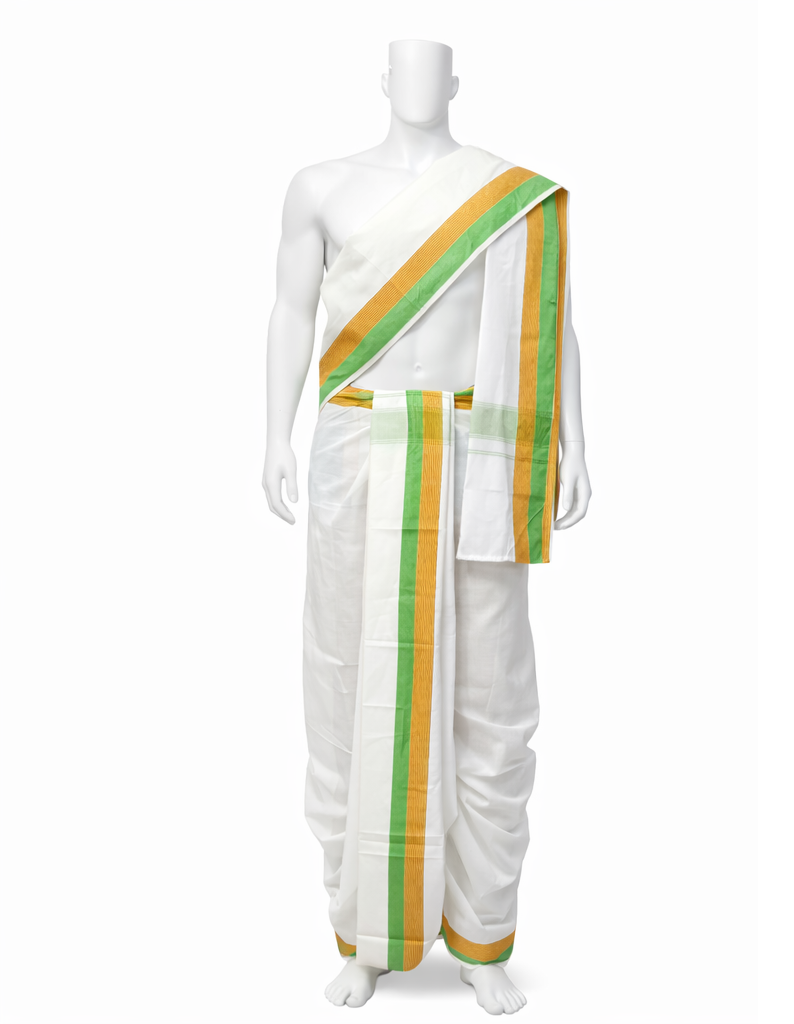 Cotton Blend Dhoti and Angavastram in White, unstitched With Ganga Jamuna Border | SHOBITAM