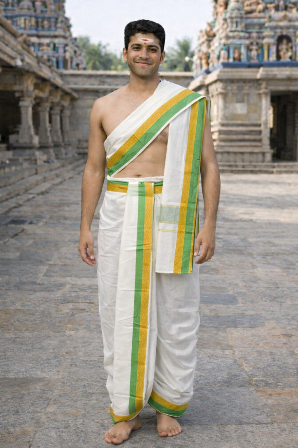 Cotton Blend Dhoti and Angavastram in White, unstitched With Ganga Jamuna Border | SHOBITAM