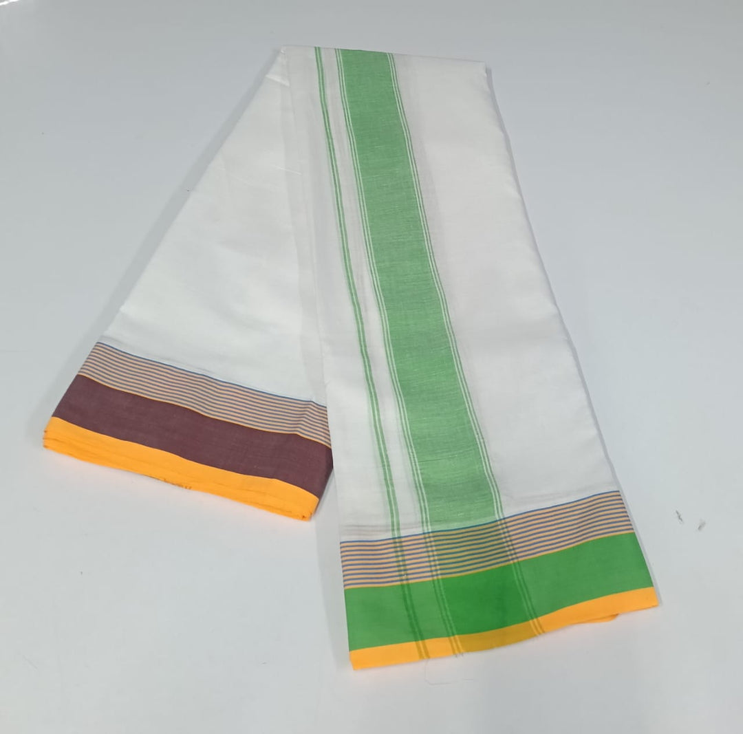 Cotton Blend Dhoti and Angavastram in White, unstitched With Ganga Jamuna Border | SHOBITAM