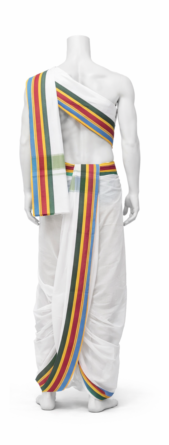 Cotton Blend Dhoti and Angavastram undtitched, in White With Fancy Seer Border | SHOBITAM