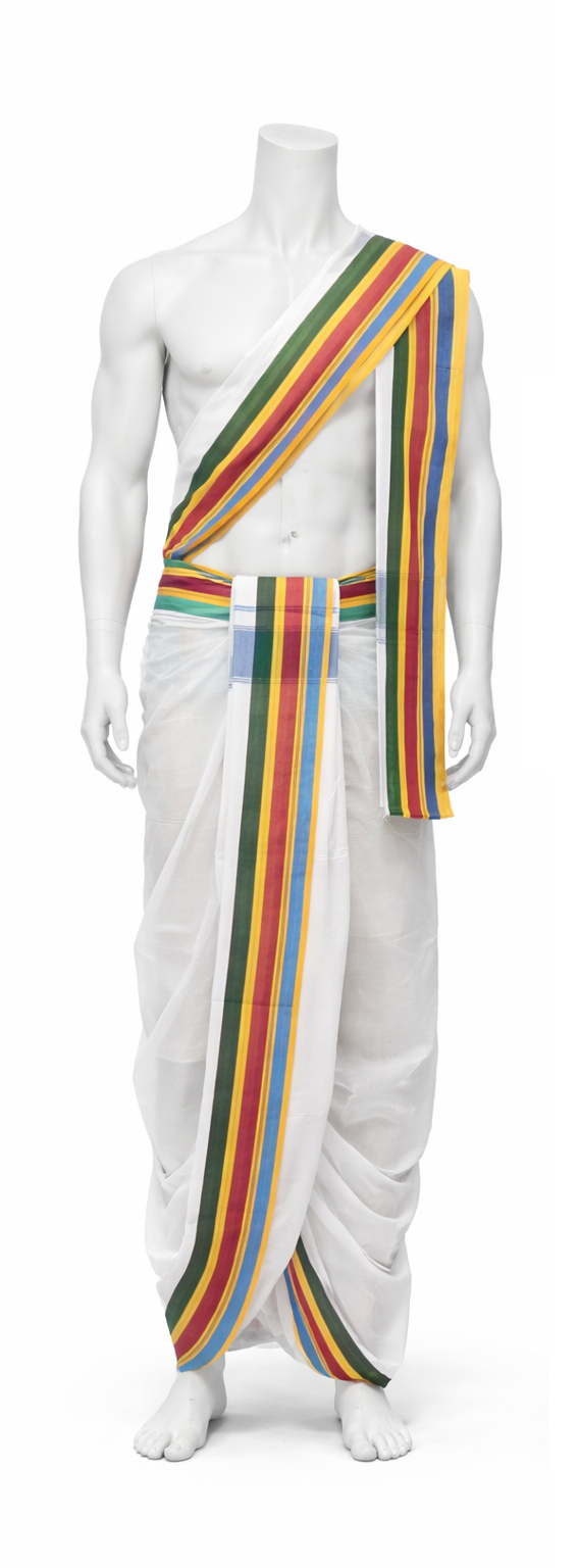 Cotton Blend Dhoti and Angavastram undtitched, in White With Fancy Seer Border | SHOBITAM