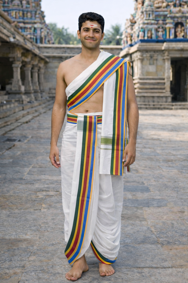 Cotton Blend Dhoti and Angavastram undtitched, in White With Fancy Seer Border | SHOBITAM