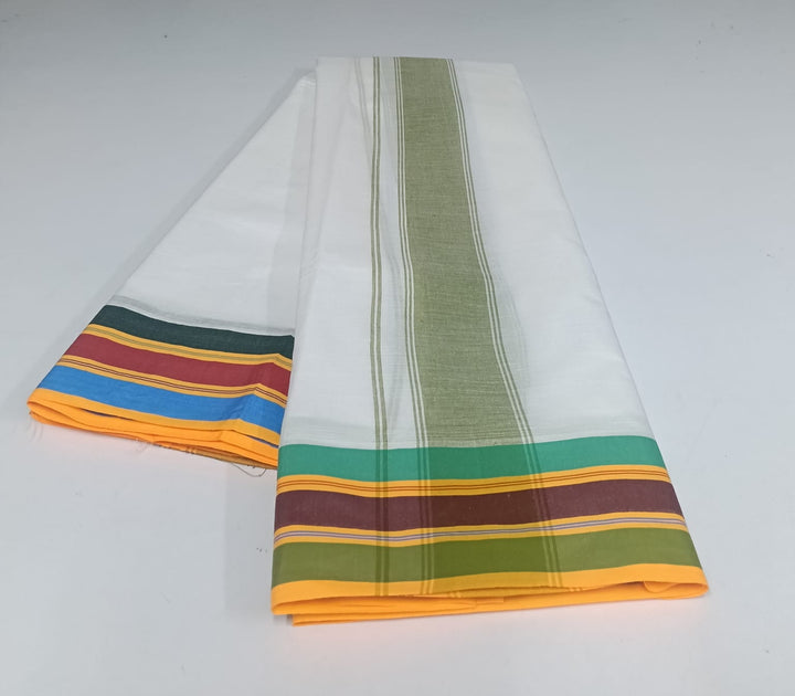 Cotton Blend Dhoti and Angavastram undtitched, in White With Fancy Seer Border | SHOBITAM