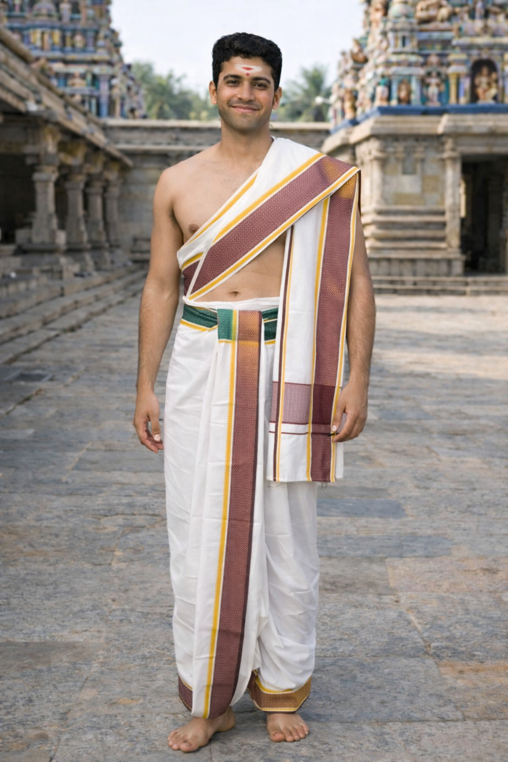 Cotton Blend Dhoti and Angavastram unstitched in White With Ganga Jamuna Border | SHOBITAM