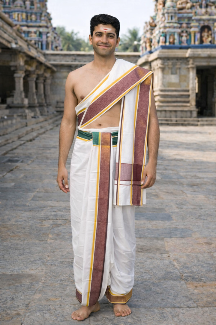 Cotton Blend Dhoti and Angavastram unstitched in White With Ganga Jamuna Border | SHOBITAM