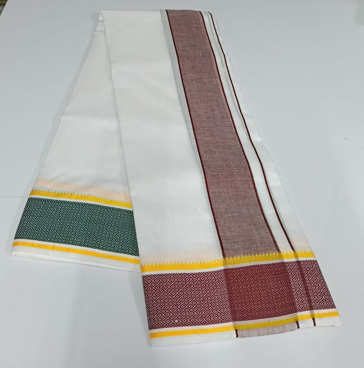 Cotton Blend Dhoti and Angavastram unstitched in White With Ganga Jamuna Border | SHOBITAM