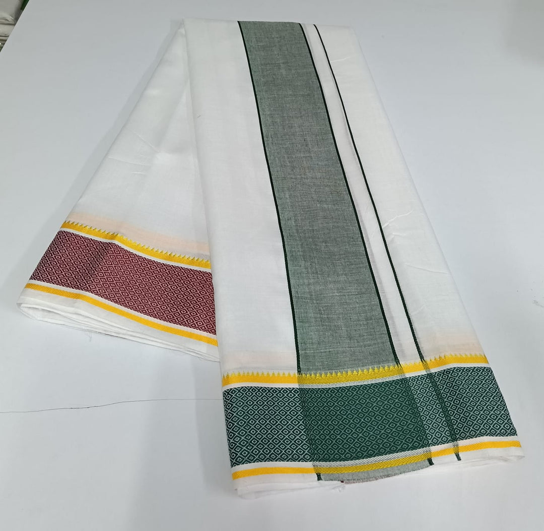 Cotton Blend Dhoti and Angavastram unstitched in White With Ganga Jamuna Border | SHOBITAM