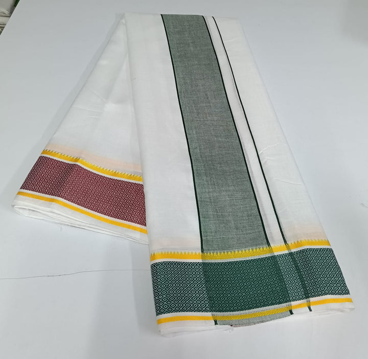 Cotton Blend Dhoti and Angavastram unstitched in White With Ganga Jamuna Border | SHOBITAM