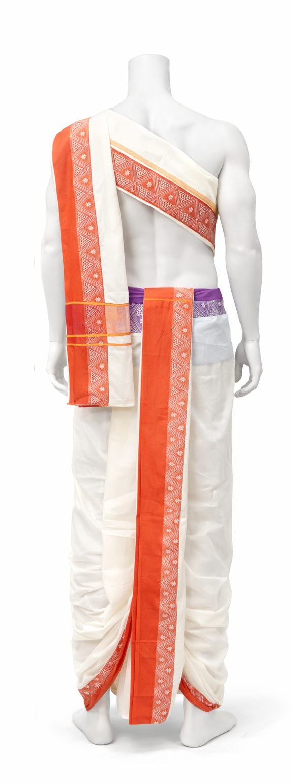 Cotton Dhoti and Angavastram unstitched in White With Wide Ganga Jamuna Border | SHOBITAM