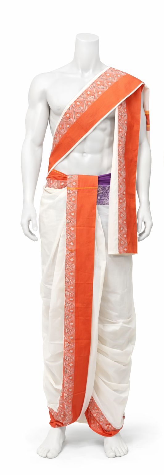 Cotton Dhoti and Angavastram unstitched in White With Wide Ganga Jamuna Border | SHOBITAM