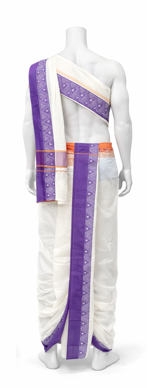 Cotton Dhoti and Angavastram unstitched in White With Wide Ganga Jamuna Border | SHOBITAM