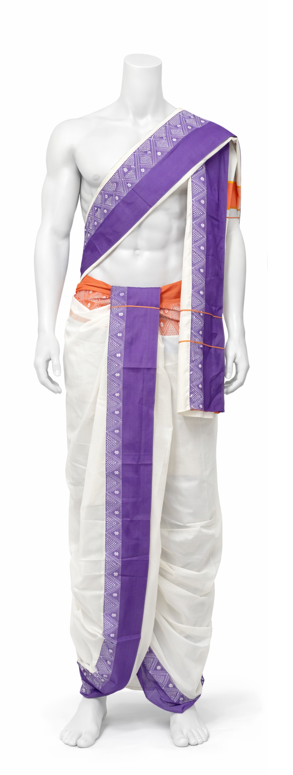 Cotton Dhoti and Angavastram unstitched in White With Wide Ganga Jamuna Border | SHOBITAM