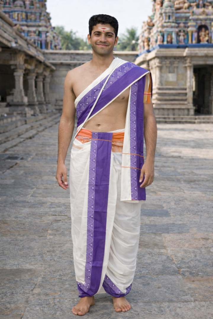 Cotton Dhoti and Angavastram unstitched in White With Wide Ganga Jamuna Border | SHOBITAM