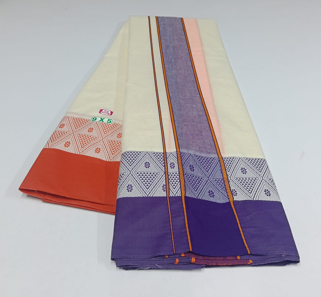 Cotton Dhoti and Angavastram unstitched in White With Wide Ganga Jamuna Border | SHOBITAM