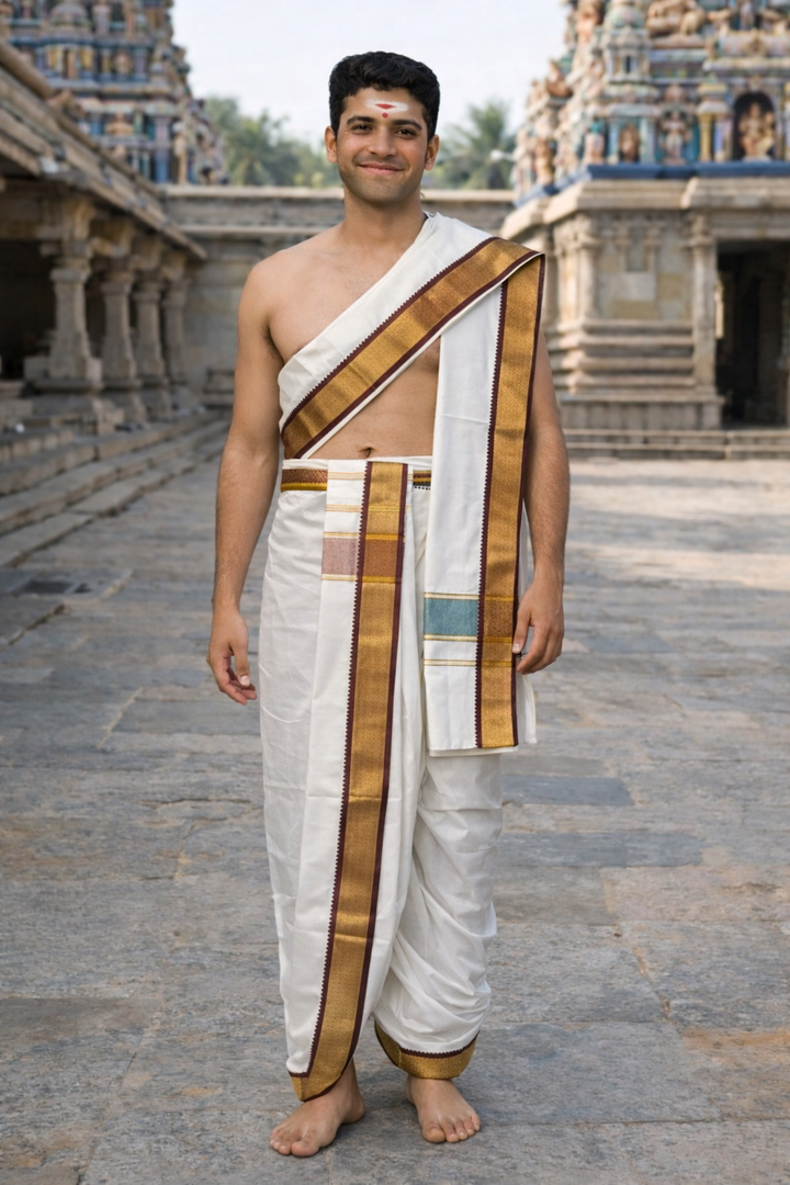 Cotton Dhoti and Angavastram unstitched in White With Traditional Myil Kann Big Border | SHOBITAM