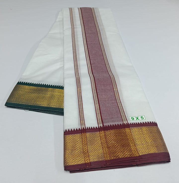 Cotton Dhoti and Angavastram unstitched in White With Traditional Myil Kann Big Border | SHOBITAM