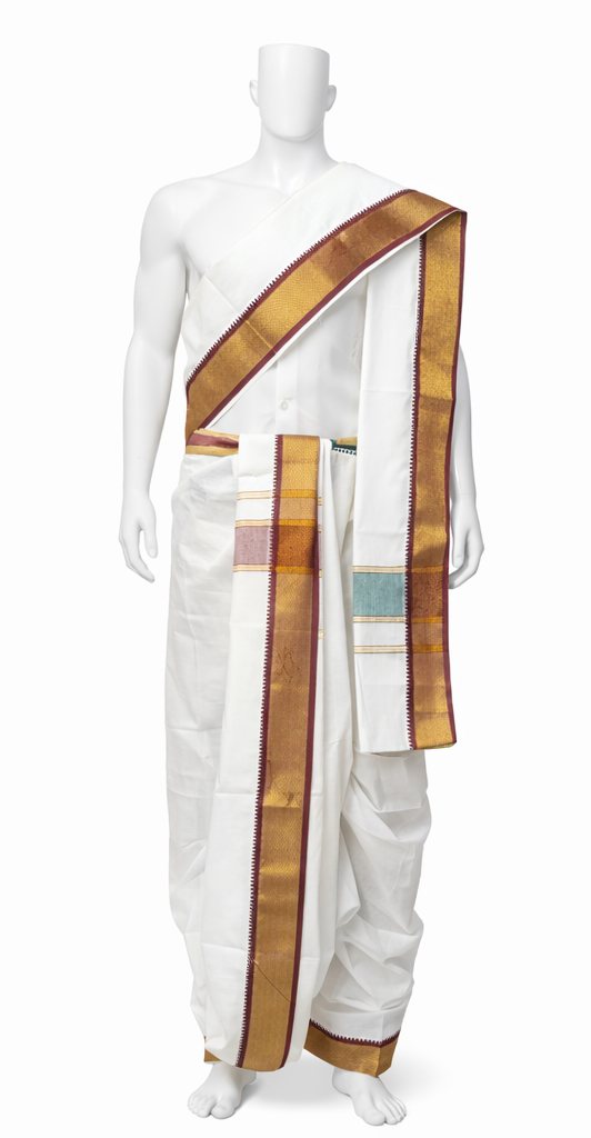 Cotton Dhoti and Angavastram unstitched in White With Traditional Myil Kann Big Border | SHOBITAM
