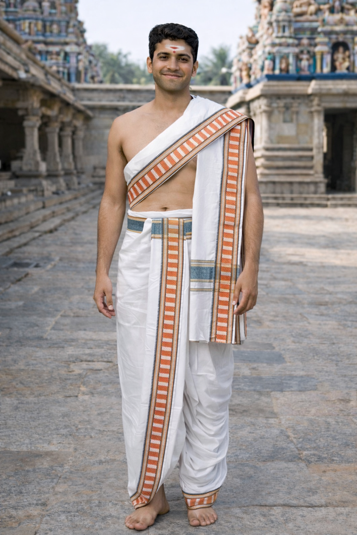 Cotton Dhoti and Angavastram undtitched in White With Traditional Brick Border | SHOBITAM