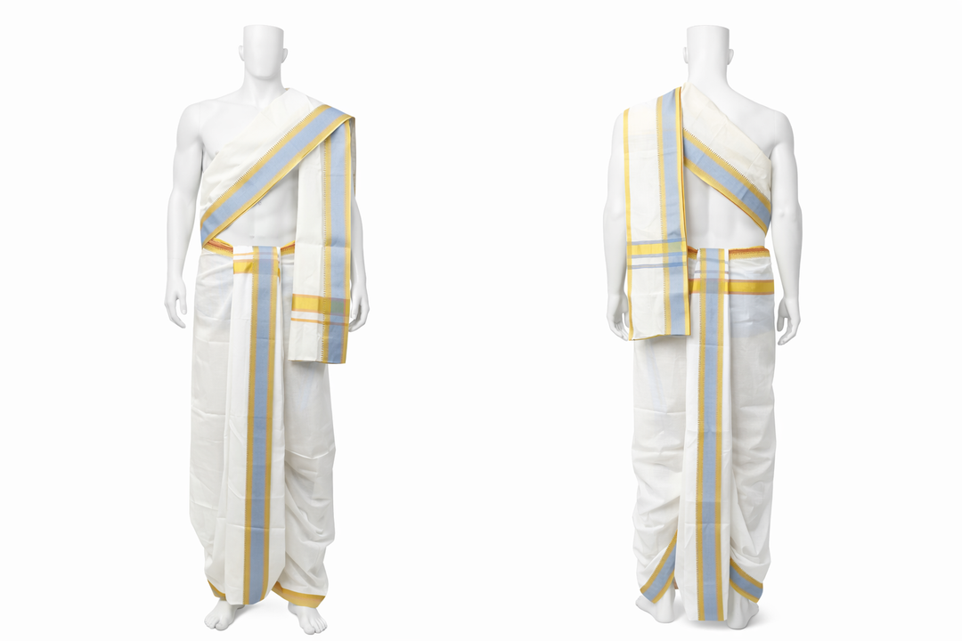 Cotton Blend Dhoti and Angavastram, unstitched in White With Ganga Jamuna Zari Border| SHOBITAM