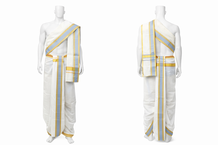 Cotton Blend Dhoti and Angavastram, unstitched in White With Ganga Jamuna Zari Border| SHOBITAM