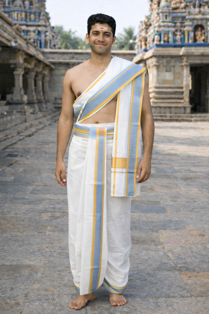 Cotton Blend Dhoti and Angavastram, unstitched in White With Ganga Jamuna Zari Border| SHOBITAM