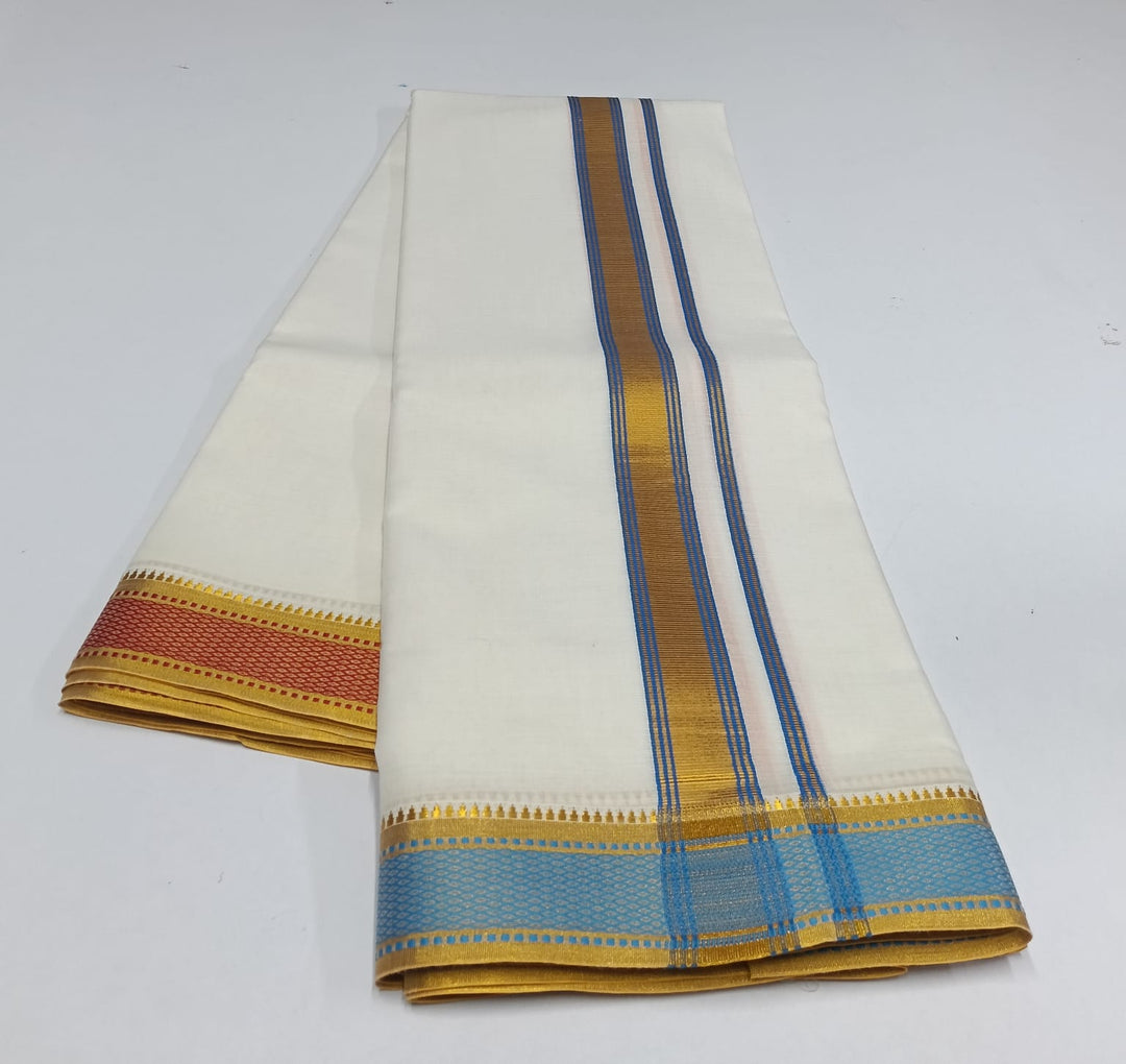 Cotton Blend Dhoti and Angavastram, unstitched in White With Ganga Jamuna Zari Border| SHOBITAM