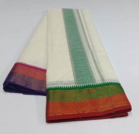Cotton Dhoti and Angavastram in White, unstitched With Traditional Ganga Jamuna Zari Border | SHOBITAM