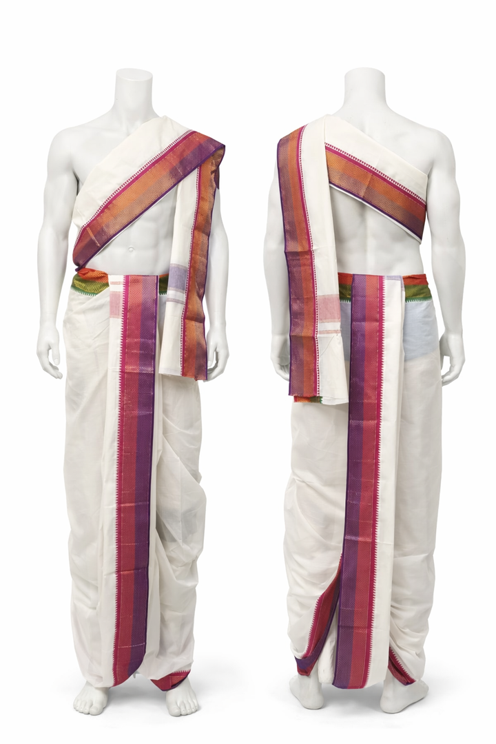 Cotton Dhoti and Angavastram in White, unstitched With Traditional Ganga Jamuna Zari Border | SHOBITAM