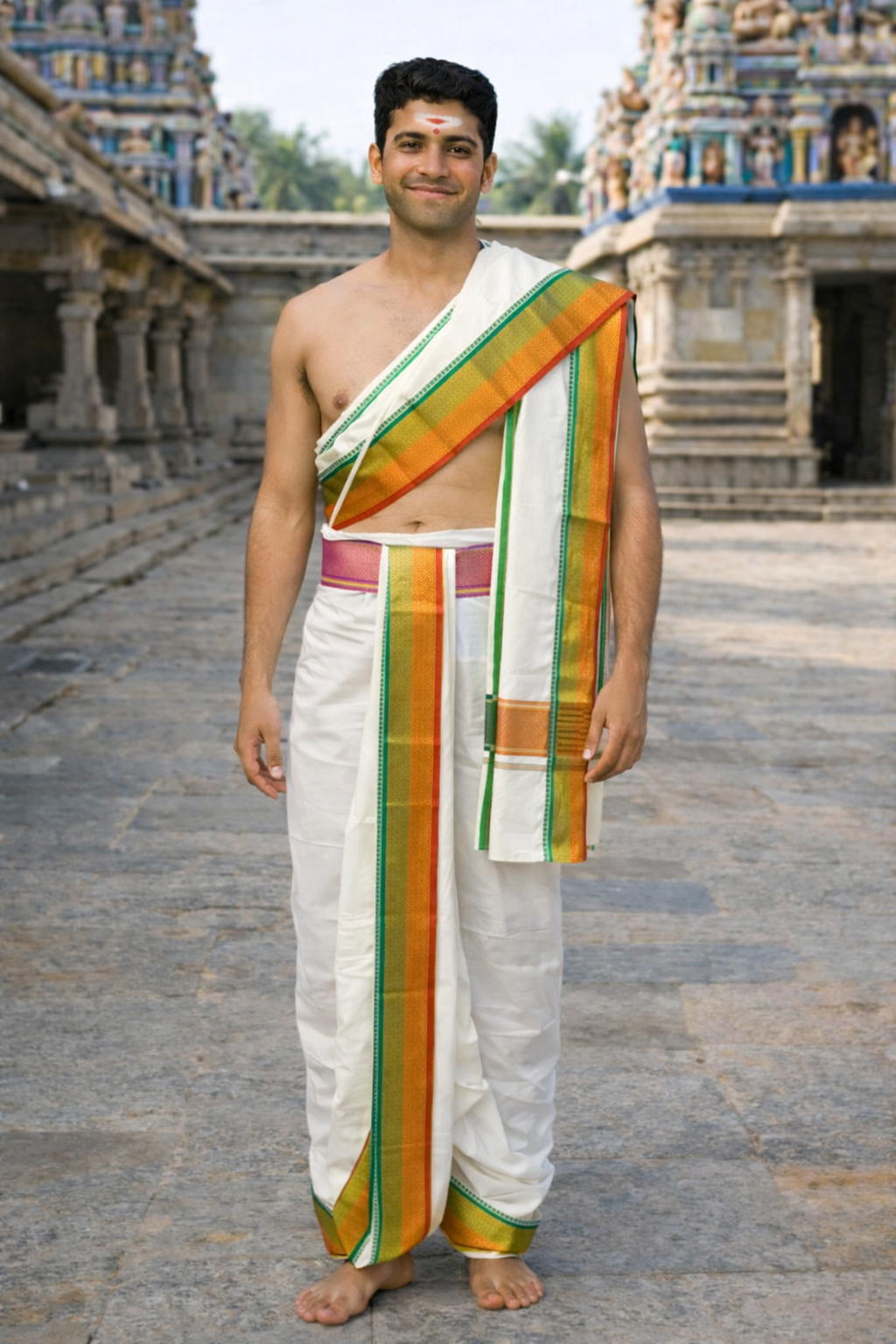 Cotton Dhoti and Angavastram in White, unstitched With Traditional Ganga Jamuna Zari Border | SHOBITAM