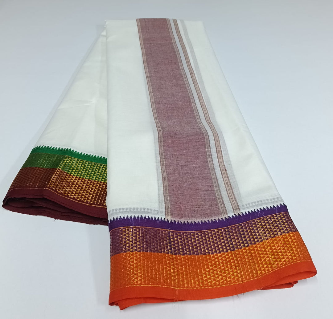 Cotton Dhoti and Angavastram in White, unstitched With Traditional Ganga Jamuna Zari Border | SHOBITAM