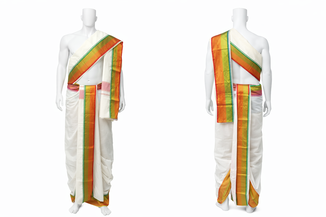 Cotton Dhoti and Angavastram in White, unstitched With Traditional Ganga Jamuna Zari Border | SHOBITAM
