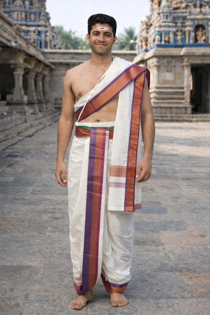 Cotton Dhoti and Angavastram in White, unstitched With Traditional Ganga Jamuna Zari Border | SHOBITAM