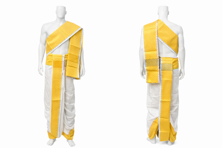 Cotton Dhoti and Angavastram in White, unstitched With Gold Big Zari Border| SHOBITAM
