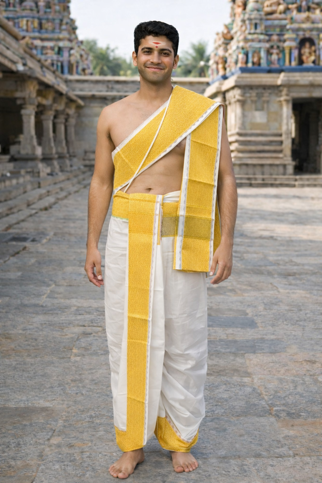 Cotton Dhoti and Angavastram in White, unstitched With Gold Big Zari Border| SHOBITAM